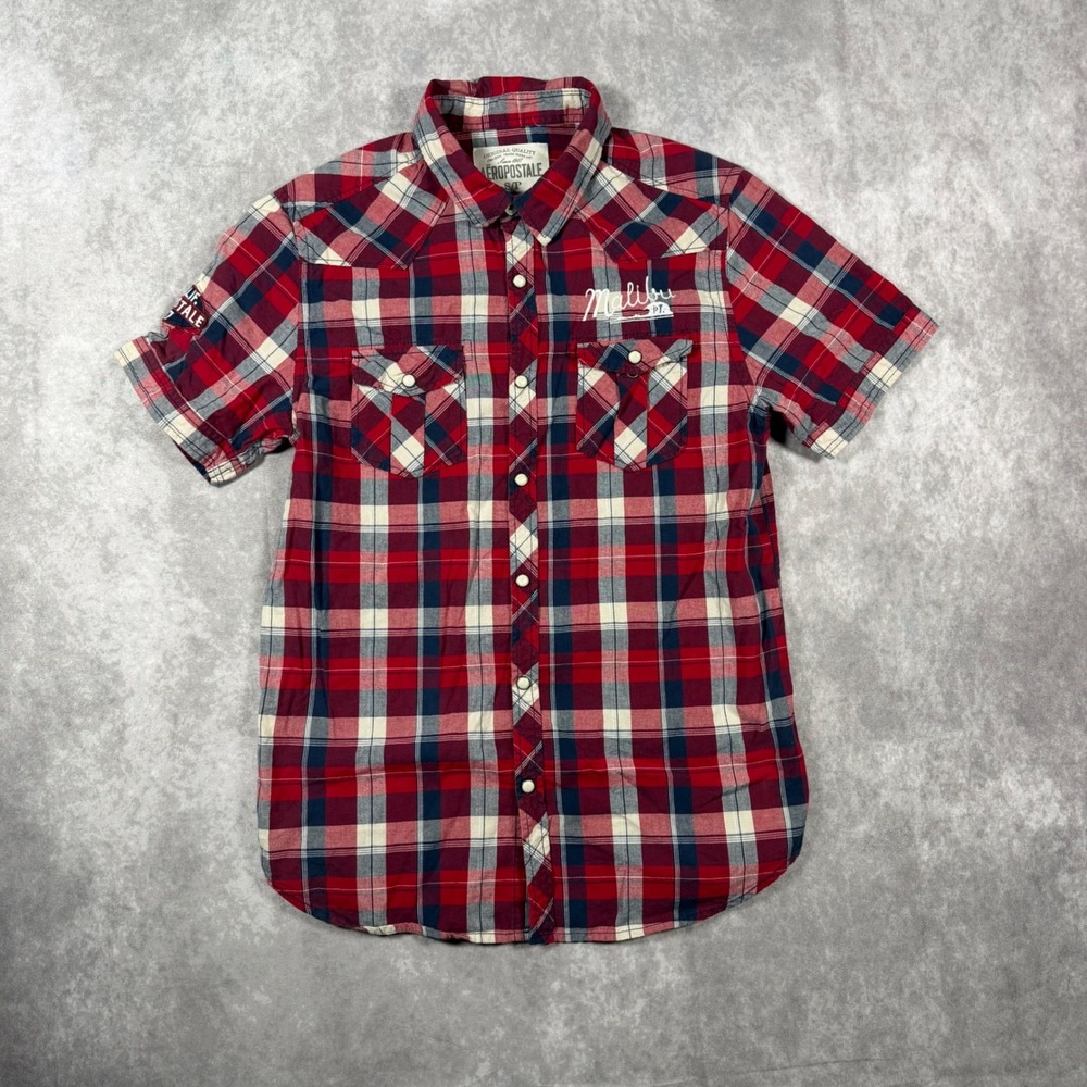 Aeropostale Mens S Red Plaid Malibu Pearl Snap Western Short Sleeve Shirt Cowboy